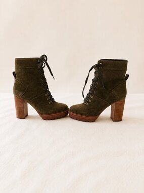 Vince Camuto Emerson Olive Green Suede Lace-Up Combat Block Heel Boots Size 8